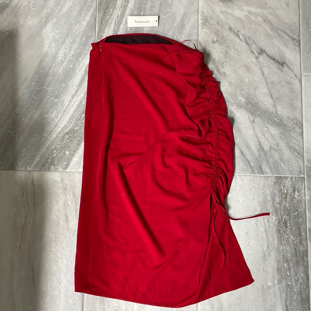 Red high waisted midi skirt with cinching on side. Never used, tag still on.